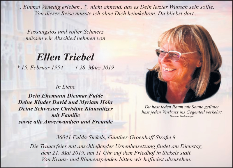  Traueranzeige für Ellen Triebel vom 17.05.2019 aus FZ