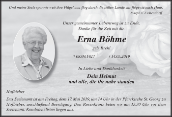 Traueranzeige von Erna B?hme von FZ