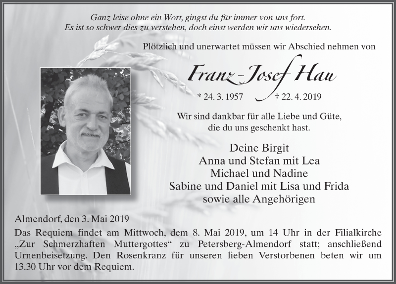 Traueranzeige für Franz-Josef Hau vom 03.05.2019 aus FZ