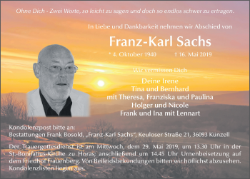 Traueranzeige von Franz-Karl Sachs von FZ