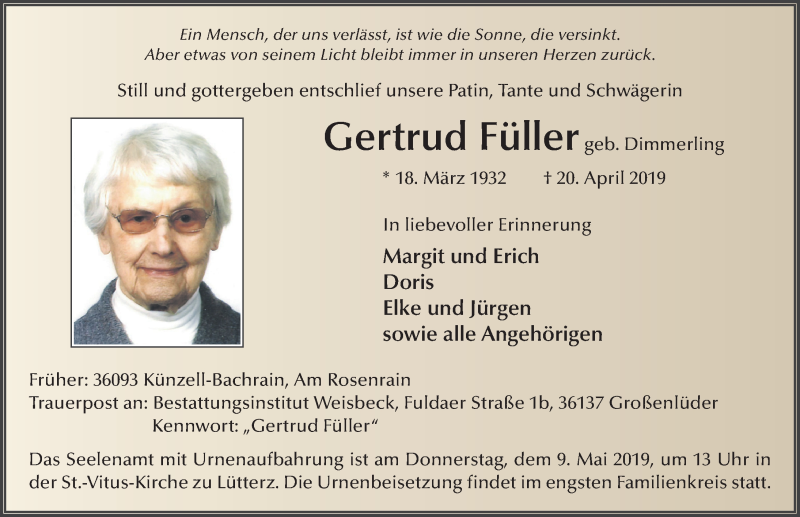  Traueranzeige für Gertrud Füller vom 06.05.2019 aus FZ