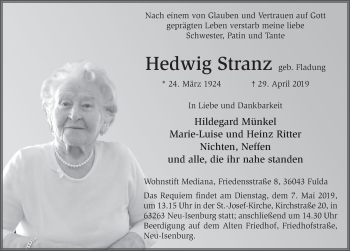 Traueranzeige von Hedwig Stranz von FZ