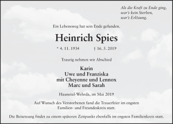 Traueranzeige von Heinrich Spies von FZ