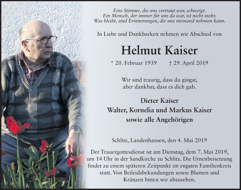  Traueranzeige für Helmut Kasier vom 04.05.2019 aus FZ