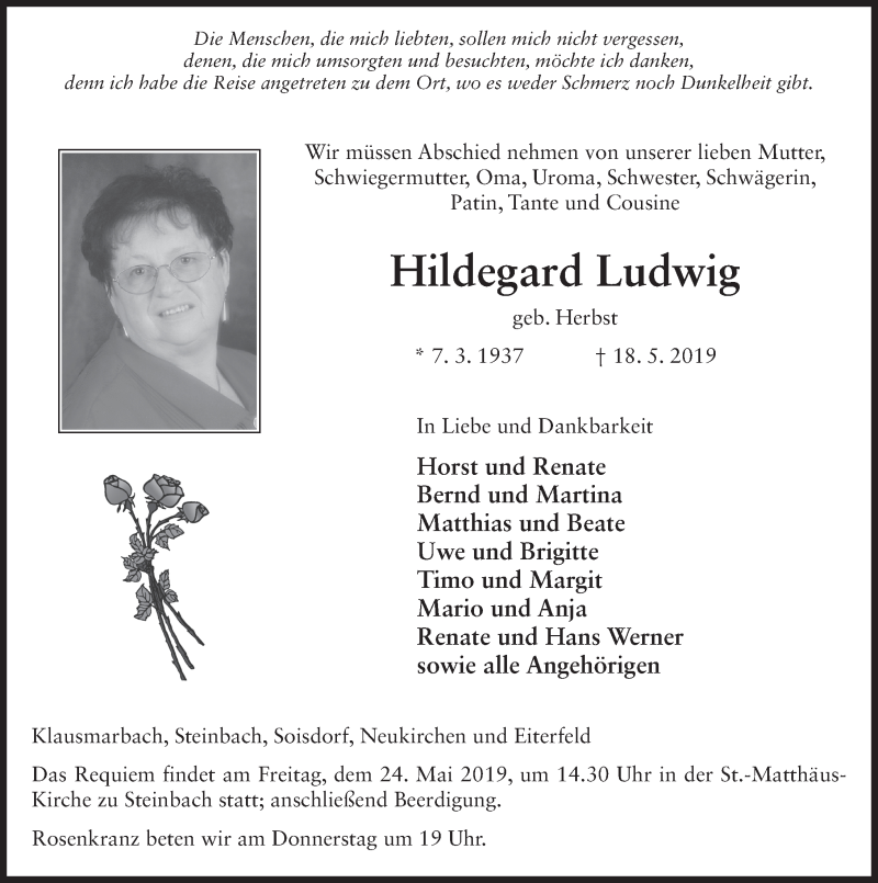  Traueranzeige für Hildegard Ludwig vom 22.05.2019 aus FZ