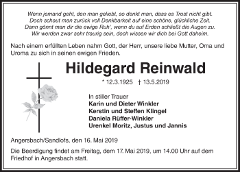 Traueranzeige von Hildegard Reinwald von FZ