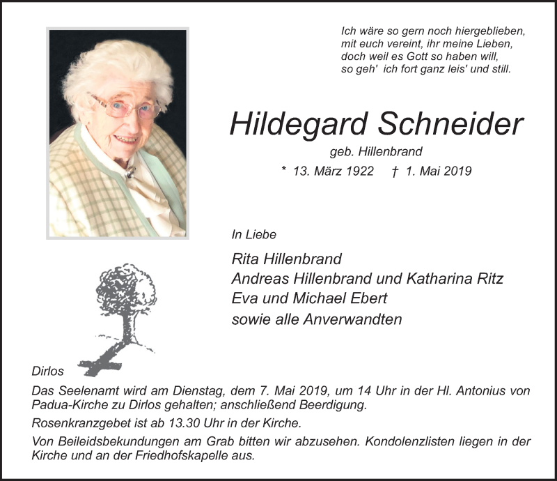  Traueranzeige für Hildegard Schneider vom 04.05.2019 aus FZ