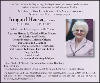 Traueranzeige von Irmgard Heuser von FZ
