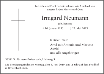 Traueranzeige von Irmgard Neumann von FZ