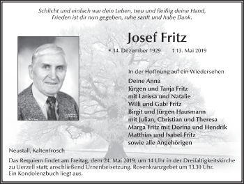 Traueranzeige von Josef Fritz von FZ