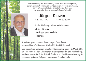 Traueranzeige von Jürgen Klewer von FZ