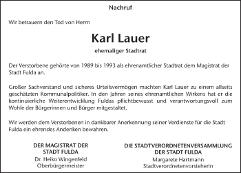 Traueranzeige von Karl Lauer von FZ
