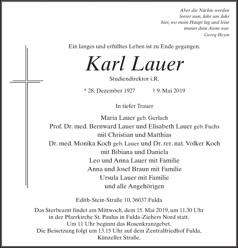  Traueranzeige für Karl Lauer vom 13.05.2019 aus FZ