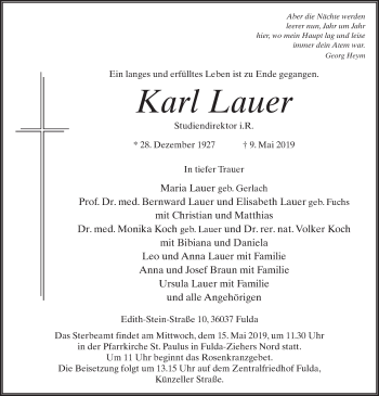 Traueranzeige von Karl Lauer von FZ