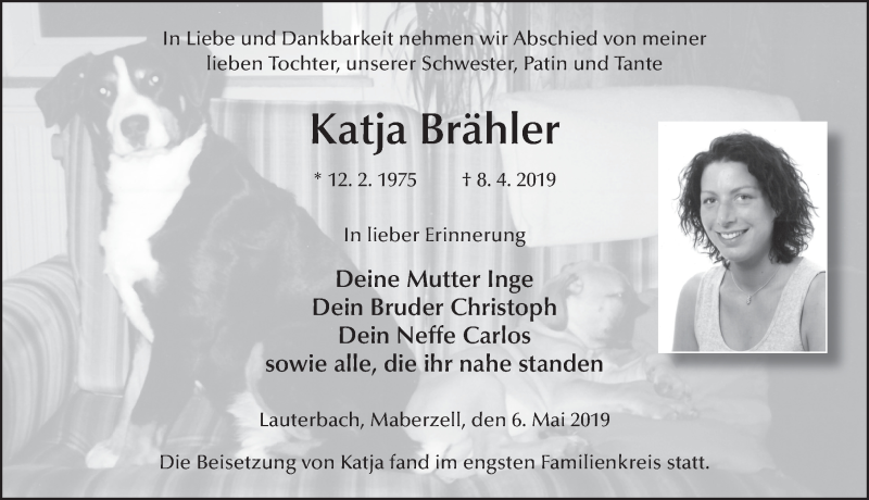  Traueranzeige für Katja Brähler vom 06.05.2019 aus FZ