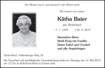 Traueranzeige von Kätha Baier von FZ