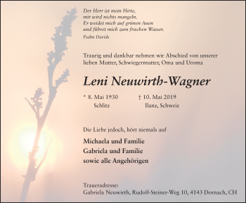 Traueranzeige von Leni Neuwirth-Wagner von FZ