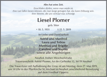 Traueranzeige von Liesel Plomer von FZ