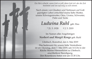 Traueranzeige von Ludwina Ruhl von FZ