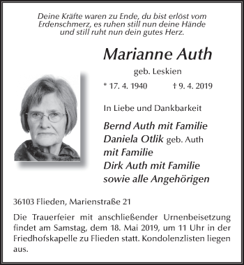 Traueranzeige von Marianne Auth von FZ