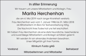 Traueranzeige von Marita Herchenhan von FZ