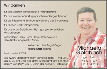 Traueranzeige von Michaela Goldbach von FZ