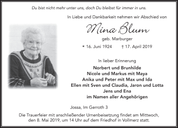 Traueranzeige von Mina Blum von FZ