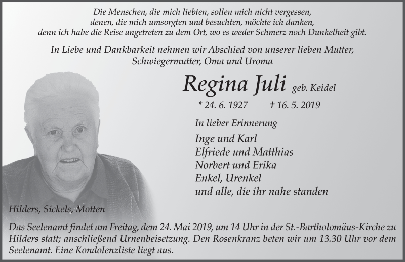  Traueranzeige für Regina Juli vom 22.05.2019 aus FZ