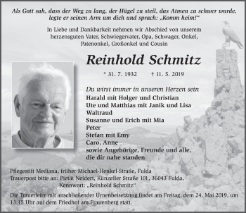 Traueranzeige von Reinhold Schmitz von FZ