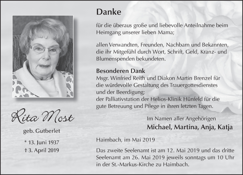  Traueranzeige für Rita Most vom 03.05.2019 aus FZ