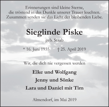 Traueranzeige von Sieglinde Piske von FZ