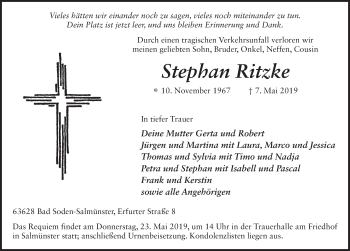 Traueranzeige von Stephan Ritzke von FZ