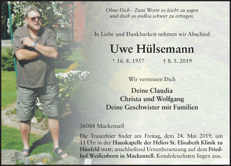  Traueranzeige für Uwe Hülsemann vom 21.05.2019 aus FZ
