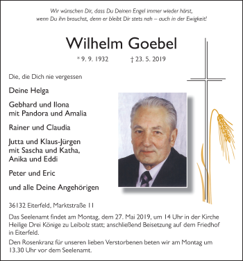 Traueranzeige von Wilhelm Goebel von FZ