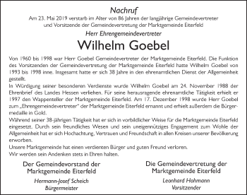 Traueranzeige von Wilhelm Goebel von FZ