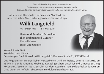 Traueranzeige von Willi Langefeld von FZ