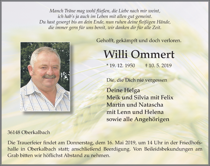  Traueranzeige für Willi Ommert vom 14.05.2019 aus FZ