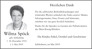 Traueranzeige von Wilma Spöck von FZ