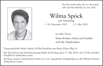 Traueranzeige von Wilma Spöck von FZ