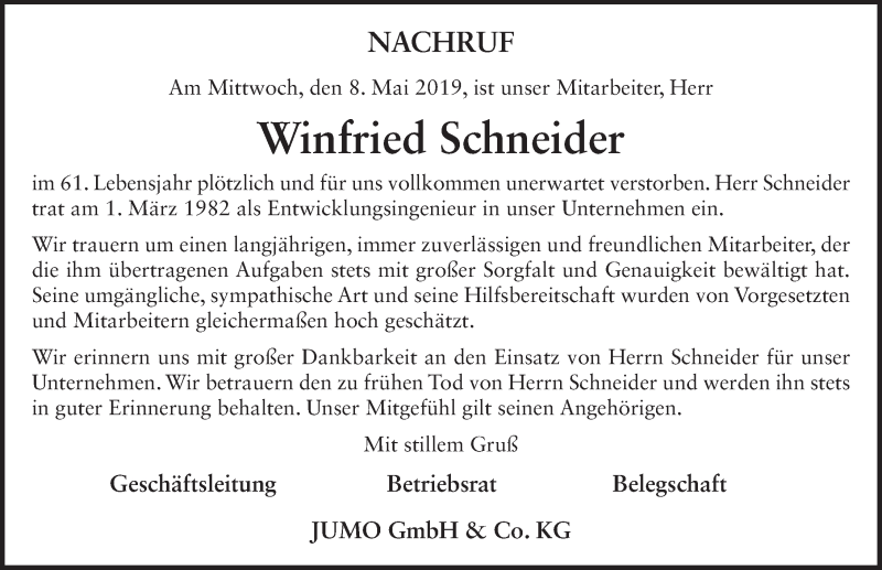  Traueranzeige für Winfried Schneider vom 10.05.2019 aus FZ