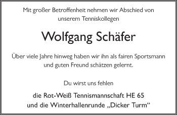 Traueranzeige von Wolfgang Schäfer von FZ
