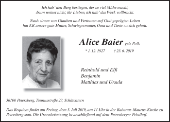 Traueranzeige von Alice Baier von FZ