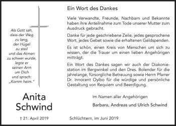 Traueranzeige von Anita Schwind von FZ