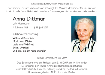 Traueranzeige von Anna Dittmar von FZ
