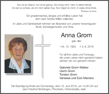 Traueranzeige von Anna Grom von FZ