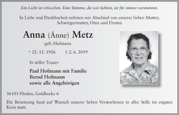 Traueranzeige von Anna Metz von FZ