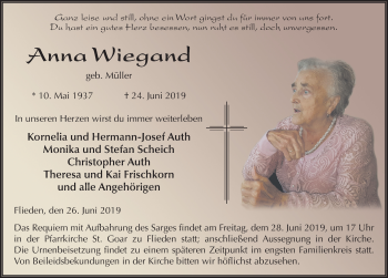 Traueranzeige von Anna Wiegand von FZ