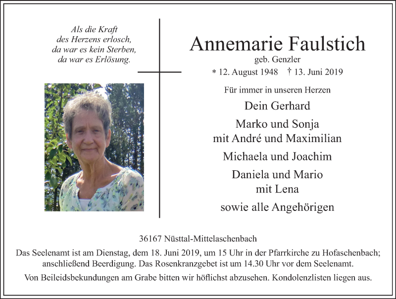  Traueranzeige für Anna Maria Faulstich vom 15.06.2019 aus FZ