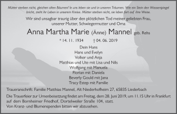 Traueranzeige von Anna Martha Marie Mannel von FZ