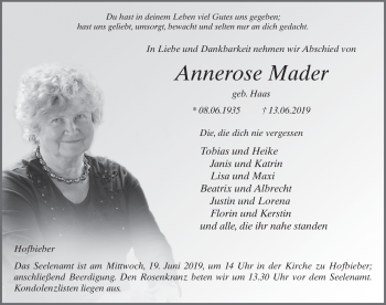 Traueranzeige von Annerose Mader von FZ